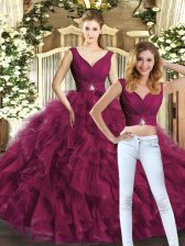 Custom Made Burgundy V-neck Backless Beading and Ruffles Quinceanera Gowns Sleeveless