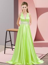  Backless Prom Dress Yellow Green for Prom and Party with Beading Brush Train