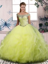 Elegant Yellow Green Off The Shoulder Lace Up Beading and Ruffles Quinceanera Dresses Sleeveless