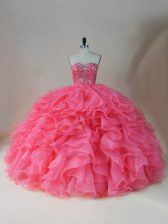 Spectacular Pink Sleeveless Floor Length Beading and Ruffles Zipper Sweet 16 Dress