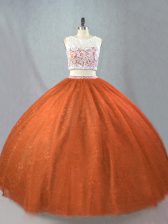  Rust Red Tulle Zipper Quinceanera Dress Sleeveless Floor Length Beading