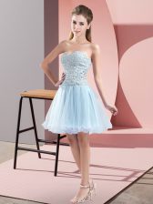  Sleeveless Tulle Mini Length Zipper Prom Dress in Light Blue with Beading