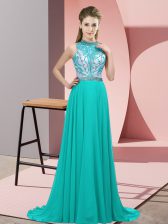 Romantic Turquoise Empire Halter Top Sleeveless Chiffon Brush Train Backless Beading Prom Dress