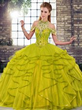 Romantic Olive Green Ball Gowns Beading and Ruffles Vestidos de Quinceanera Lace Up Tulle Sleeveless Floor Length
