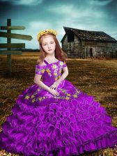 Superior Off The Shoulder Short Sleeves Lace Up Child Pageant Dress Purple Organza