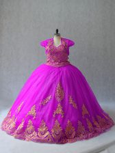 Modern Fuchsia Tulle Lace Up 15 Quinceanera Dress Sleeveless Court Train Beading and Appliques