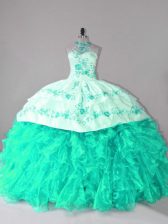 Great Halter Top Sleeveless Organza 15th Birthday Dress Embroidery and Ruffles Court Train Lace Up