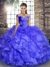  Lavender Ball Gowns Beading and Ruffles Quince Ball Gowns Lace Up Organza Sleeveless Floor Length