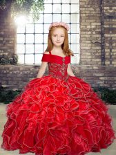 Unique Red Little Girl Pageant Dress Party and Military Ball and Wedding Party with Beading and Ruffles Straps Sleeveless Lace Up