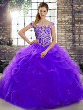 Fashionable Purple Off The Shoulder Lace Up Beading and Ruffles Quince Ball Gowns Brush Train Sleeveless