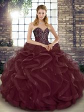  Burgundy Lace Up Sweetheart Beading and Ruffles Quinceanera Gown Tulle Sleeveless