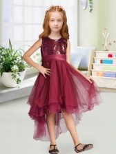 Cheap High Low Burgundy Toddler Flower Girl Dress Organza Sleeveless Sequins and Bowknot