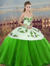 Green Tulle Lace Up Sweetheart Sleeveless Floor Length Ball Gown Prom Dress Embroidery and Bowknot