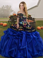  Blue And Black Ball Gowns Off The Shoulder Sleeveless Organza Floor Length Lace Up Embroidery and Ruffles Sweet 16 Quinceanera Dress