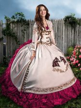 Low Price Hot Pink Lace Up Sweetheart Embroidery and Ruffles Sweet 16 Dress Satin Sleeveless