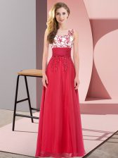 Custom Fit Red Chiffon Backless Scoop Sleeveless Floor Length Quinceanera Court Dresses Appliques