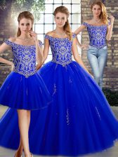  Royal Blue Lace Up 15 Quinceanera Dress Beading Sleeveless Floor Length