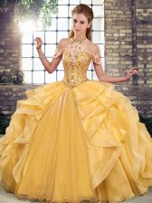  Floor Length Gold Sweet 16 Quinceanera Dress Halter Top Sleeveless Lace Up