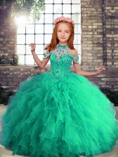  Sleeveless Floor Length Beading and Ruffles Lace Up Pageant Gowns For Girls with Turquoise