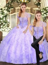  Strapless Sleeveless 15 Quinceanera Dress Floor Length Beading and Appliques and Ruffles Lavender Tulle