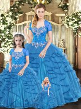  Blue Tulle Lace Up Sweetheart Sleeveless Floor Length 15 Quinceanera Dress Beading and Ruffles