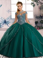  Green Tulle Lace Up Sweet 16 Dresses Cap Sleeves Brush Train Beading