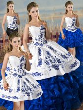 Sumptuous Blue And White Lace Up Sweetheart Embroidery and Ruffles Sweet 16 Dress Satin and Organza Sleeveless