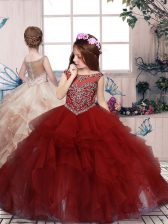  Red Sleeveless Floor Length Beading and Ruffles Lace Up Little Girls Pageant Dress