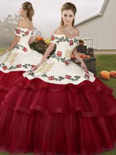 Trendy Wine Red Off The Shoulder Neckline Embroidery and Ruffled Layers Quinceanera Dress Sleeveless Lace Up