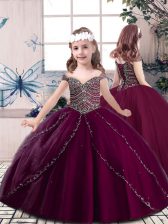 Adorable Ball Gowns Kids Formal Wear Burgundy Straps Tulle Sleeveless Floor Length Lace Up
