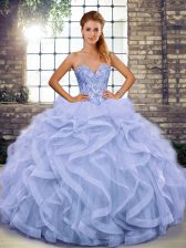  Lavender Ball Gowns Sweetheart Sleeveless Tulle Floor Length Lace Up Beading and Ruffles Quinceanera Dress