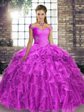  Lilac 15 Quinceanera Dress Military Ball and Sweet 16 and Quinceanera with Beading and Ruffles Off The Shoulder Sleeveless Brush Train Lace Up