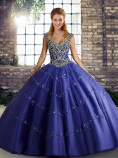 Luxury Straps Sleeveless Quinceanera Dresses Floor Length Beading and Appliques Purple Tulle