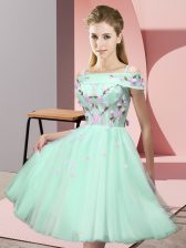  Off The Shoulder Short Sleeves Quinceanera Dama Dress Knee Length Appliques Apple Green Tulle