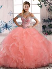 Stunning Sleeveless Tulle Floor Length Lace Up Sweet 16 Dress in Peach with Beading and Ruffles
