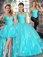Charming Aqua Blue Lace Up Quinceanera Dress Beading and Appliques Sleeveless Floor Length