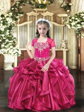  Hot Pink Ball Gowns Beading Little Girl Pageant Gowns Lace Up Organza Sleeveless Floor Length