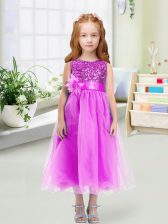  Lilac Organza Zipper Flower Girl Dresses for Less Sleeveless Tea Length Sequins and Hand Made Flower