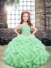 Enchanting Apple Green Straps Neckline Beading and Ruffles Kids Pageant Dress Sleeveless Lace Up