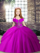 Elegant Fuchsia Sleeveless Floor Length Beading Lace Up Child Pageant Dress