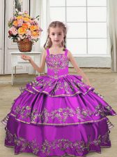 Pretty Purple Sleeveless Floor Length Embroidery and Ruffled Layers Lace Up Little Girl Pageant Dress