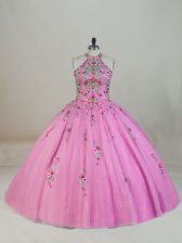 Dynamic Rose Pink Tulle Lace Up Ball Gown Prom Dress Sleeveless Brush Train Appliques and Embroidery