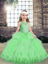 Low Price Floor Length Yellow Green Child Pageant Dress Tulle Sleeveless Appliques