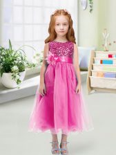  Rose Pink Zipper Scoop Sequins and Hand Made Flower Flower Girl Dress Organza Sleeveless