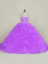 Admirable Lavender Ball Gowns Sweetheart Sleeveless Fabric With Rolling Flowers Court Train Lace Up Beading Quinceanera Gowns