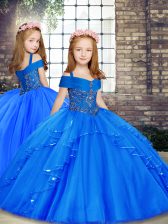 Fashionable Blue Tulle Lace Up Little Girls Pageant Dress Wholesale Sleeveless Floor Length Beading