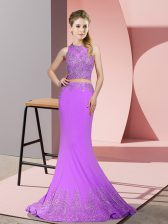 Glamorous Beading and Appliques Prom Party Dress Lavender Zipper Sleeveless Sweep Train