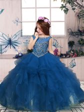 Exquisite Teal Organza Zipper Scoop Sleeveless Floor Length Little Girl Pageant Gowns Beading and Ruffles