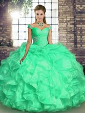 Fitting Off The Shoulder Sleeveless 15 Quinceanera Dress Floor Length Beading and Ruffles Turquoise Organza