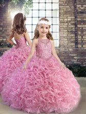  Fabric With Rolling Flowers Sleeveless Floor Length Little Girls Pageant Dress Wholesale and Beading